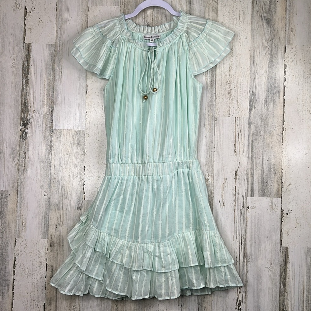 Karina Grimaldi Mini Dress Women's‎ XS Mint Green Gold Metallic Stripes Flutter